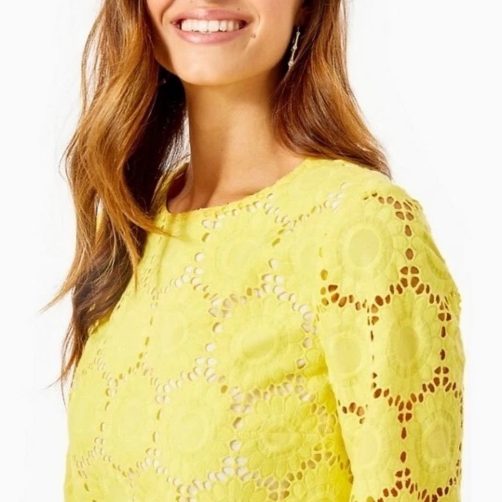 Lilly Pulitzer Yellow Eyelet Lace Blouse 3/4 Sleeve Scalloped Top Mariella XL - Picture 4 of 10